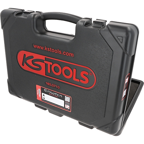 Schwarzer Werkzeugkoffer von KS TOOLS, rotes Logo und Schriftzüge, Griff oben.